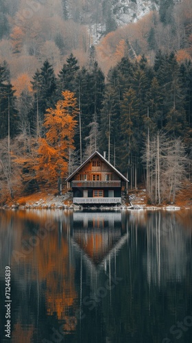 house sitting on top of a lake next to a forest