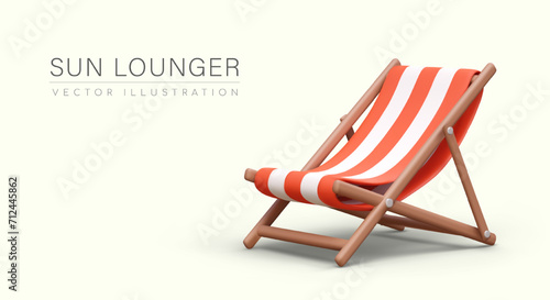Striped sun lounger for relaxing outside. Wooden deck chair for sunbathing. Beach furniture. Vector advertising concept with realistic illustration and place for text