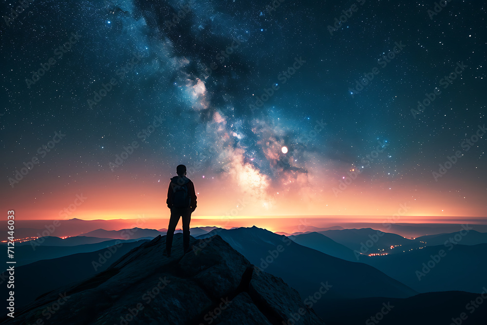 silhouette of a person standing on a mountain top with starry night sky