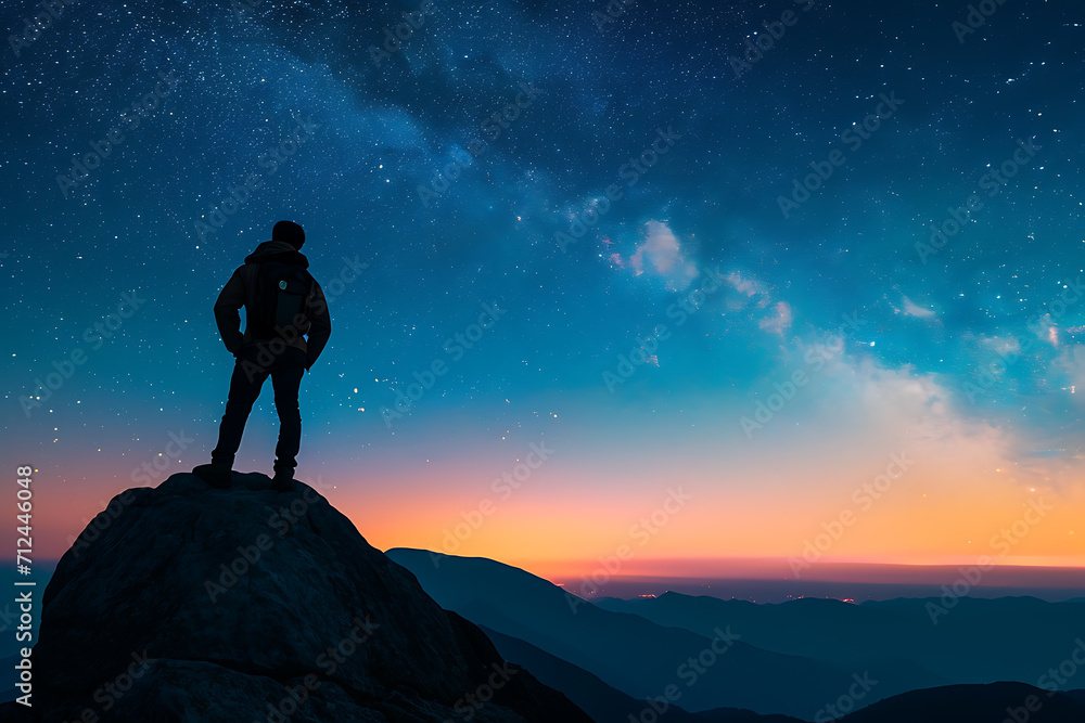 silhouette of a person on a rock of a mountain with dark night blue sky with stars silhouette of a person on a rock of a mountain with dark night blue sky with stars