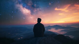 silhouette of person sitting on top of the mountain looking at the starry night sky