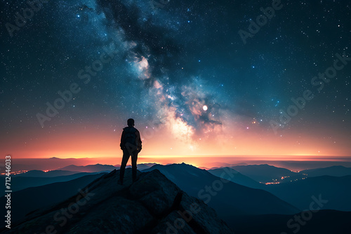 silhouette of a person standing on a mountain top with starry night sky