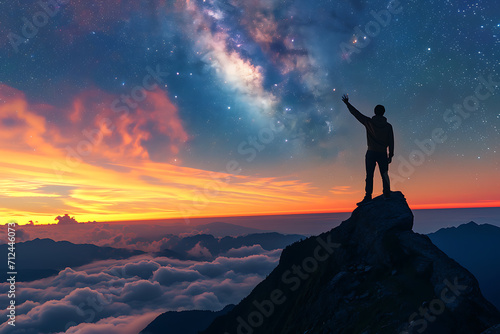 silhouette of a person on a mountain top with stars on the sky and sea of clouds