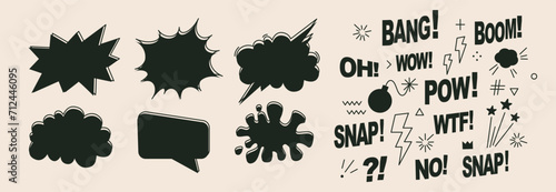 A pack of speech bubbles. Comic text sound effects set. Banner, poster, sticker concept. Expression funny style text Boom, Pow, Bang, Wow. Explosion. Vector cartoon messages. Abstract pop art style photo