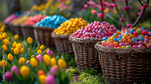 Background, eggs and color for holiday, basket and easter season with color, chocolate and celebration. Flowers, sunshine and decoration in abstract for creative wallpaper, advertisement and art.