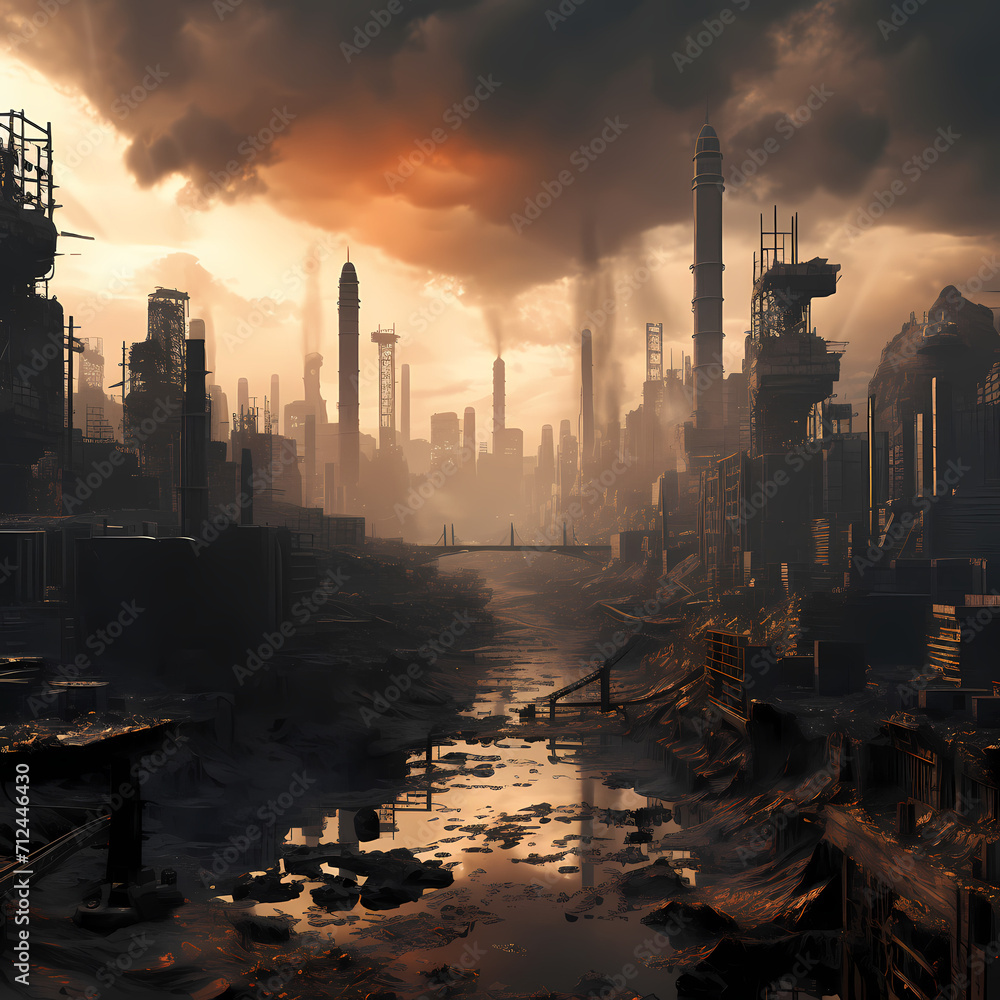 Dystopian cityscape with towering skyscrapers and pollution.