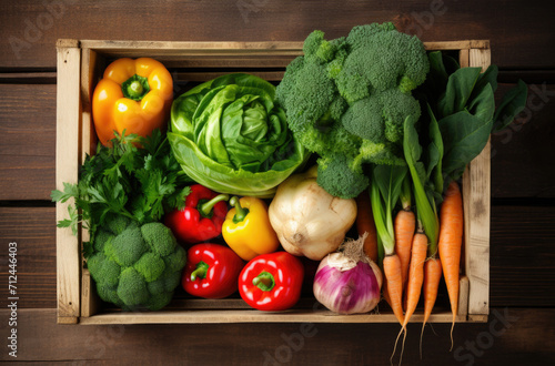 Wooden crate of farm fresh vegetables with cauliflower  tomatoes  zucchini  turnips and colorful sweet bell peppers on a wooden table