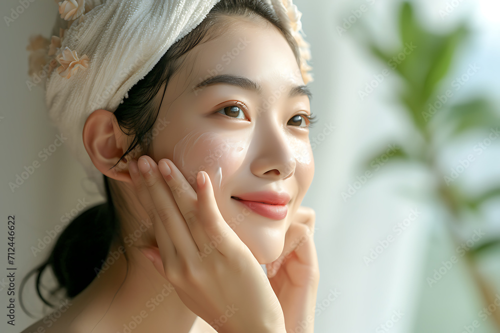 Naklejka premium portrait of a woman with a towel on her head applying skin care happily with bright background