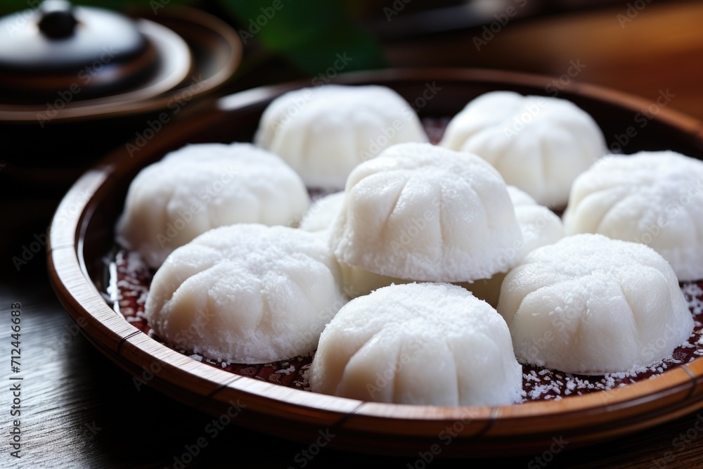 Mochi on japanese wooden plate. ai generated Mochi on japanese wooden plate. ai generated