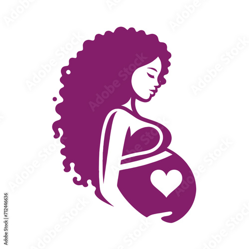Pregnant black woman. beautiful cute flat vector icon, logo. simple design. Pink color. png