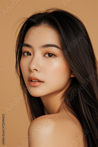 portrait of asian woman with beautiful skin with beige background and text space