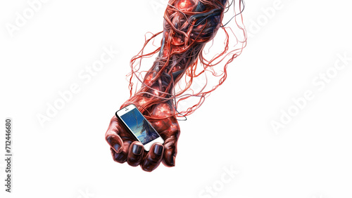 A human arm with cables running through it instead of veins. In his hand he is holding a cell phone that is currently being charged