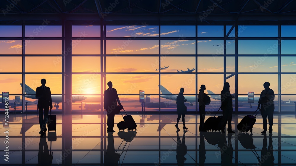 Silhouettes of people at airport hall, some passengers with luggage, airplane visible behind large windows.