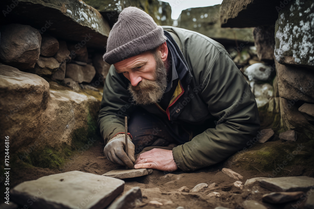 Handsome bearded archaeologist excavating among moss-covered stones outdoors
