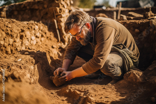 Archaeologist conducts excavations in ancient clay buildings. Studies of bygone eras