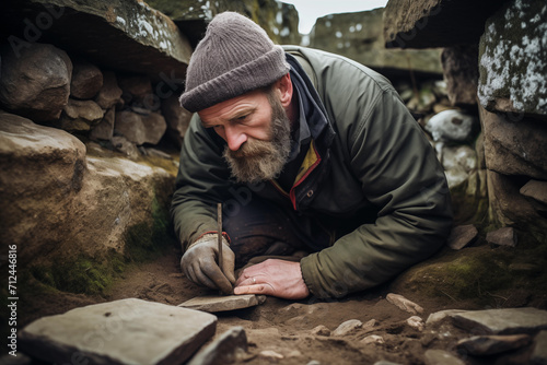 Handsome bearded archaeologist excavating among moss-covered stones outdoors © Татьяна Евдокимова