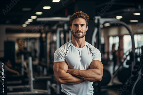 Portrait of a handsome young man in sportswear standing with arms crossed in gym photo