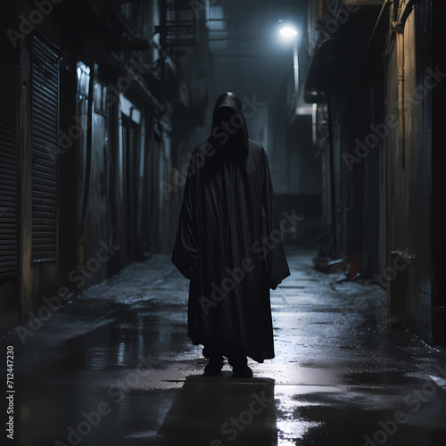 Enigmatic hooded figure in a dark alley