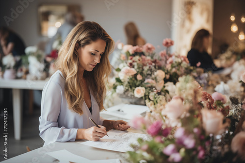Woman event organizer fills out documents surrounded by flowers in a spacious hall