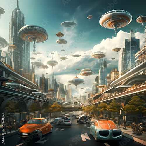 Futuristic cityscape with flying cars