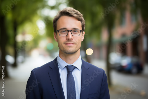 Portrait of a handsome young businessman in a suit and eyeglasses outdoors