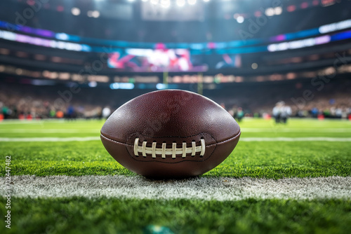 Game Day Essence. Close-up of an American football on the lush field with stadium lights looming in the background, capturing the spirit of Super Bowl Sunday photo
