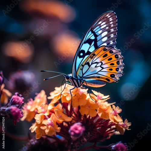 Macro shot of a butterfly resting on a flower.