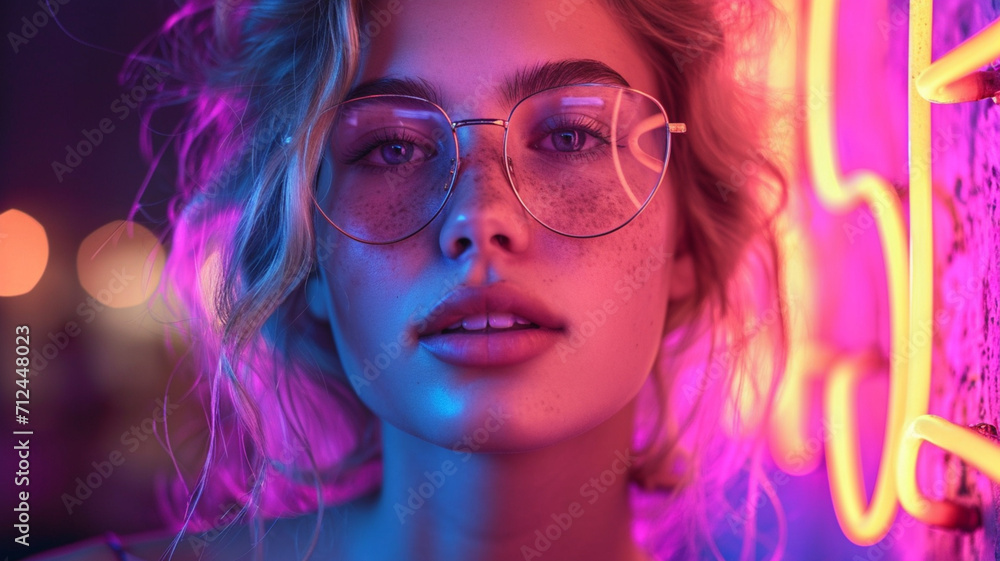 Neon on a dark purple background on the right happy bright girl Neon on a dark purple background on the right happy bright girl