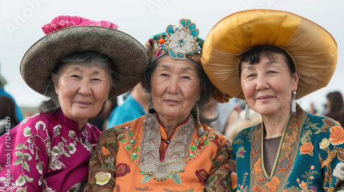 Group of Mongolian women in traditional wear outdoors