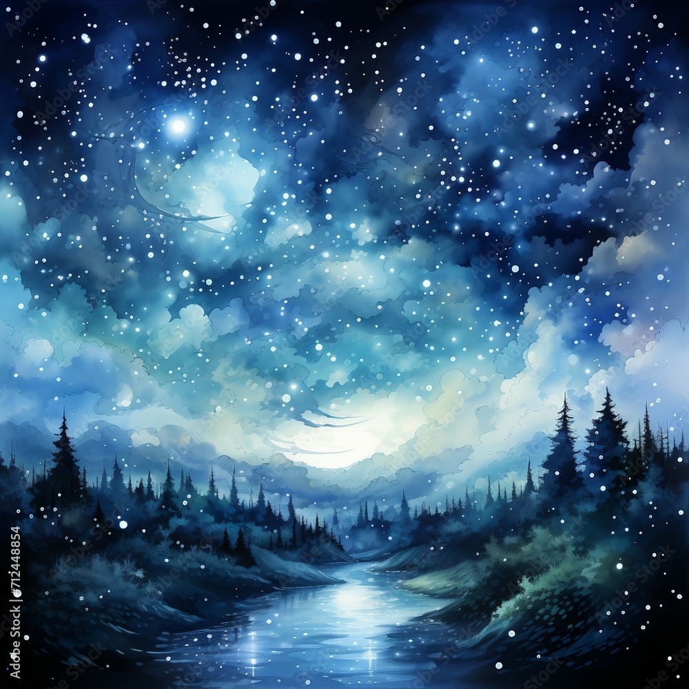 A night sky filled with twinkling water in watercolor style. AI generate illustration