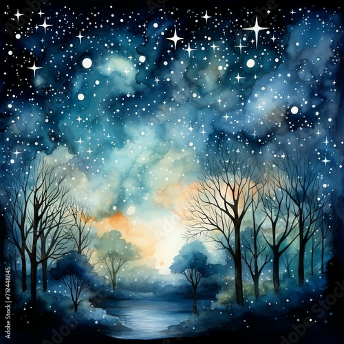 A night sky filled with twinkling water in watercolor style. AI generate illustration © PandaStockArt