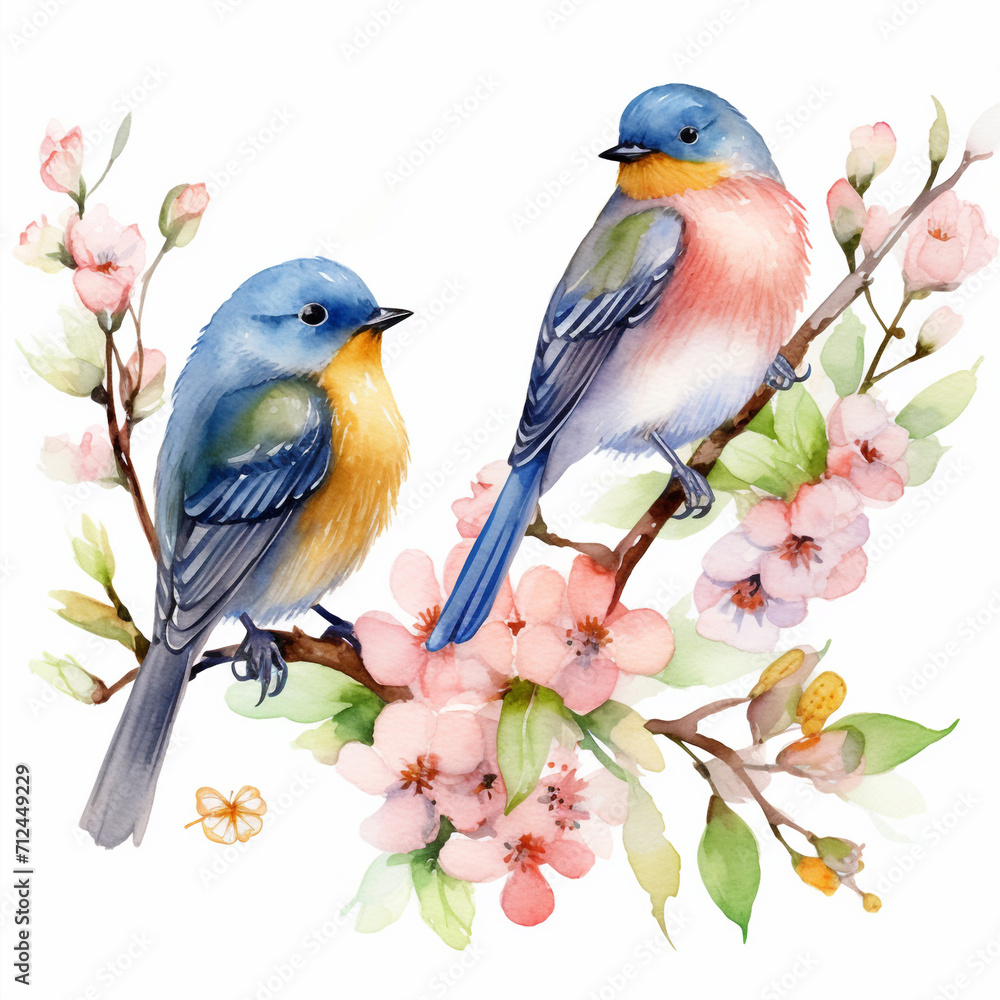 Spring birds on cherry blossom branches. Isolated watercolor illustration