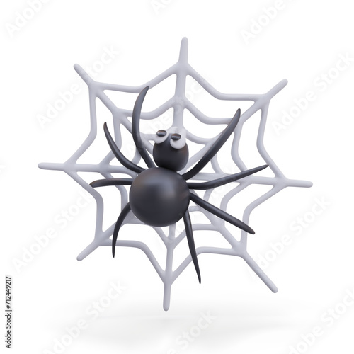 3D black spider on web. Vector illustration in cartoon style. Comic traditional image for Halloween. Dangerous poisonous creature. Isolated funny insect