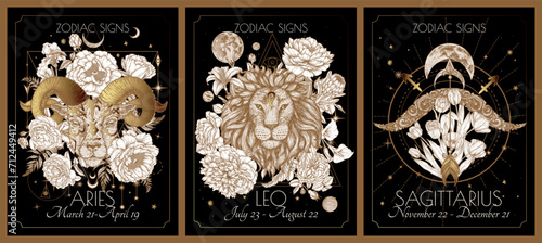 Vector illustration of zodiac signs in flowers card. Signs of the element of fire. Aries, Leo, Sagittarius. Gold on a black background in engraving style