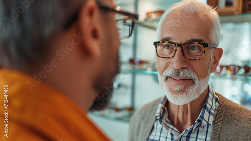 senior man choosing glasses in optic store