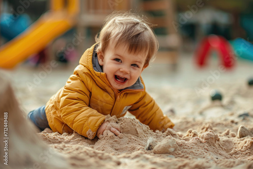 A happy small child playing in a sandbox