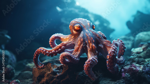 A photo of an octopus sitting on a rock underwater. Generative AI