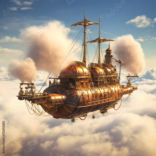 Vászonkép Steampunk airship sailing through the clouds