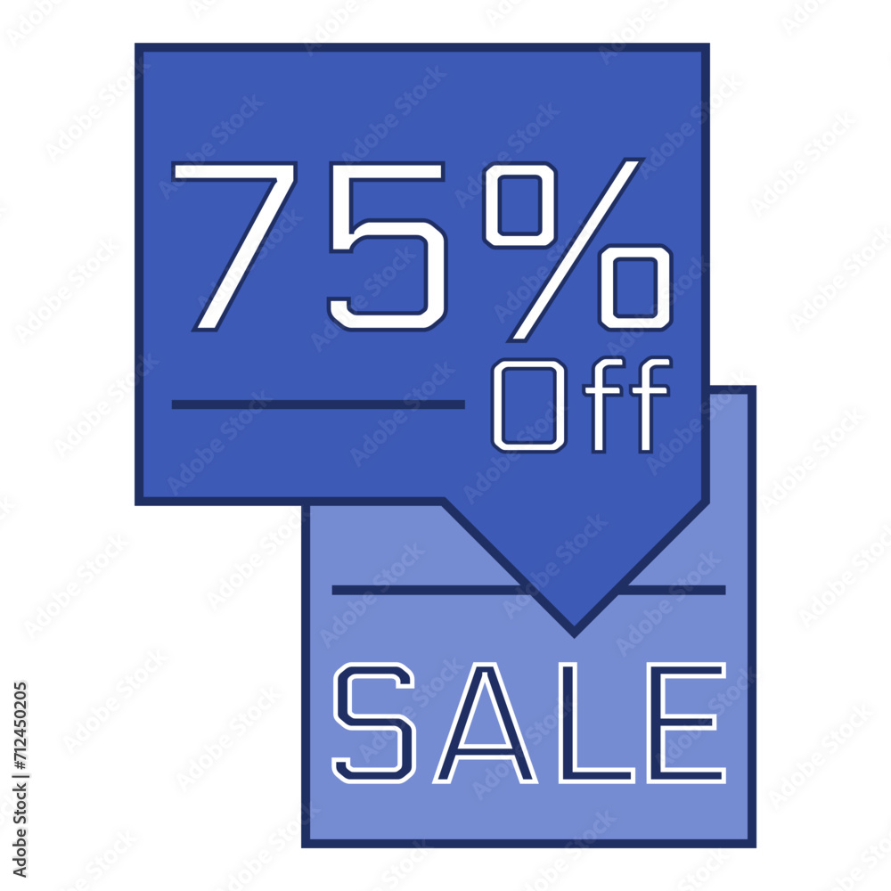 75% off written in a blue rectangular speech bubble. Sale. 75% off written in a blue rectangular speech bubble. Sale.