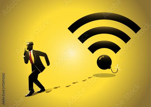 A businessman doing cyberterrorism with a bomb as a symbol