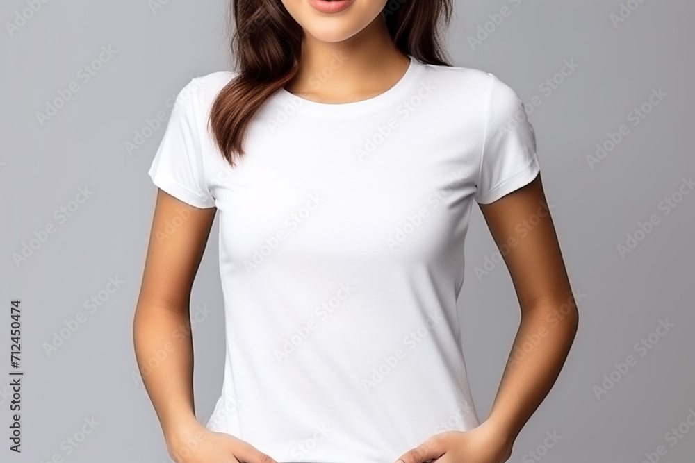 Fototapeta premium Woman in White Tshirt Mockup created with Generative AI