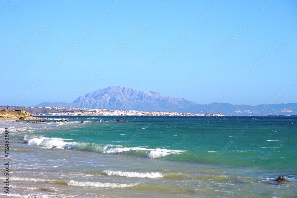 Tarifa and the mountains of Morocco behind, Jbel Musa, Costa de la Luz, Andalusia, province of Cádiz, Spain, Travel, Tourism Tarifa and the mountains of Morocco behind, Jbel Musa, Costa de la Luz, Andalusia, province of Cádiz, Spain, Travel, Tourism