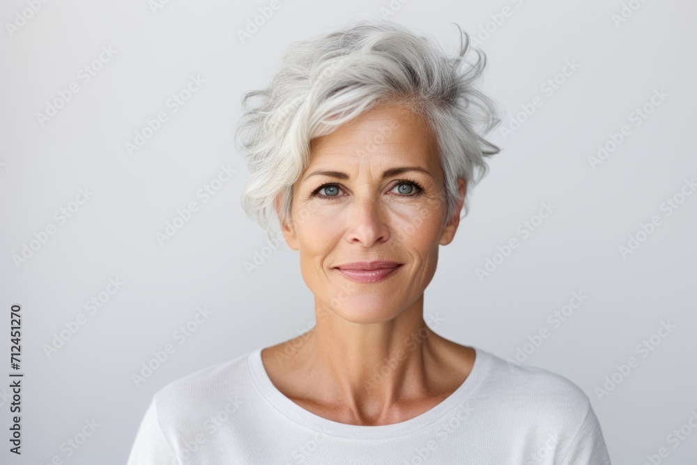 Portrait of a senior woman with grey hair and white t-shirt