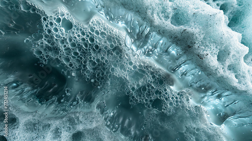 surface of a glacier, highlighting the crystal-like ice structures, frozen bubbles, and the subtle interplay of light and shadow