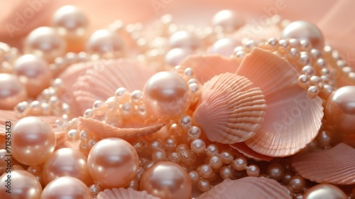 Pearls in shades of peach are scattered among the shells, banner, copy space