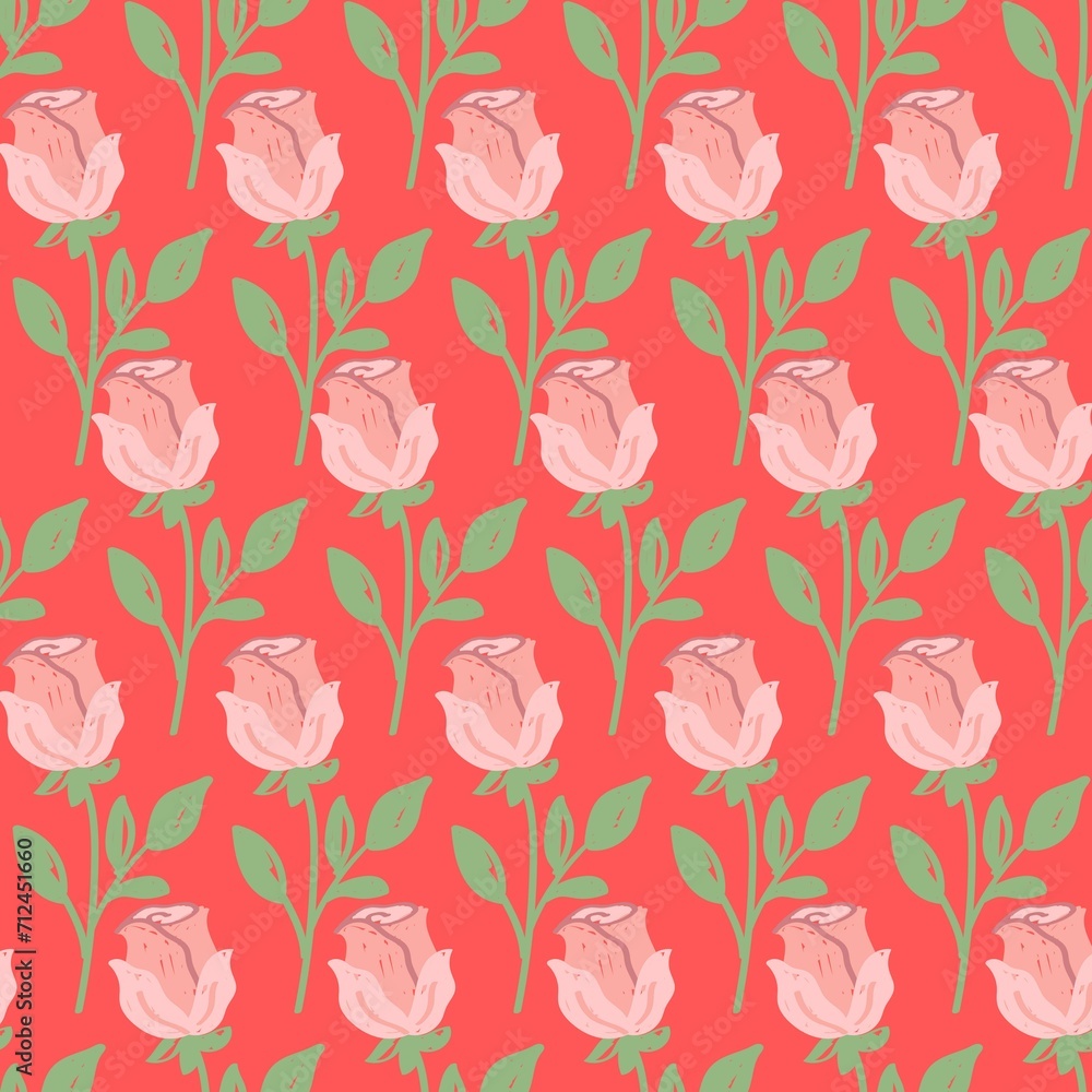 Seamless pattern with pink roses and leaves on a pink background. Seamless pattern with pink roses and leaves on a pink background.