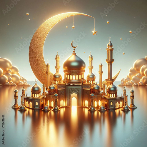 3d golden mosque silhouette with a crescent moon top view background Ai generative.