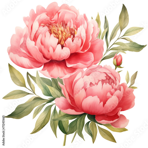 Watercolor two Peonies flowers. Pink floral arrangement botanical illustration isolated with a transparent background. Blossom flower design.