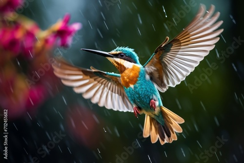Close up of flying colorful tropical bird in the air on a blooming tree background on a rainy weather. photo