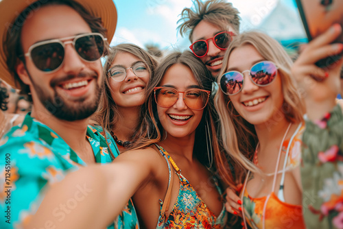 A happy group of friends taking a selfie in summer outfits at a festival